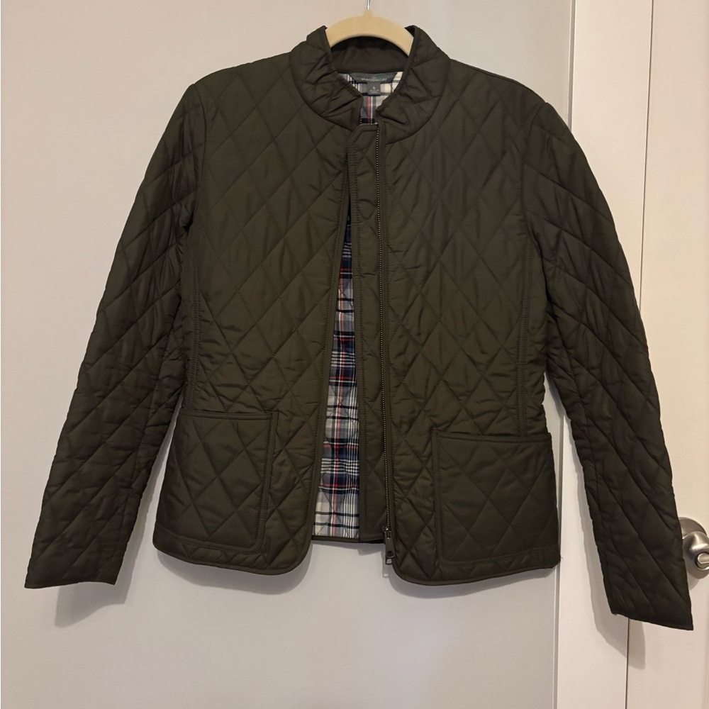 LL Bean Signature Olive Quilted Jacket with Plaid Lining